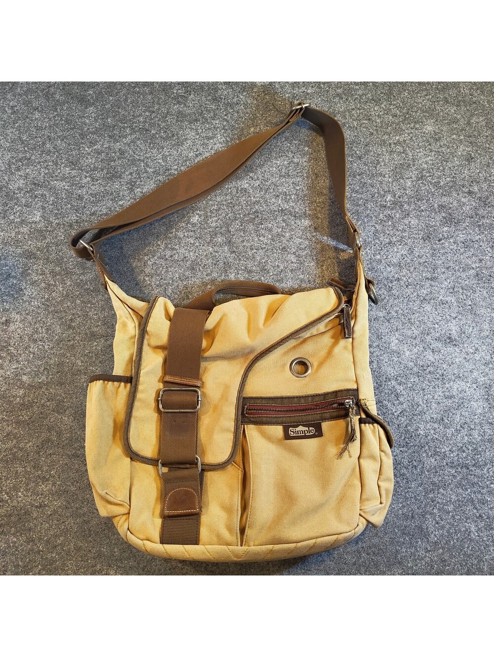 Simple Shoes Canvas Crossbody Messenger Bag Tan Brown Multi-Pocket Everyday